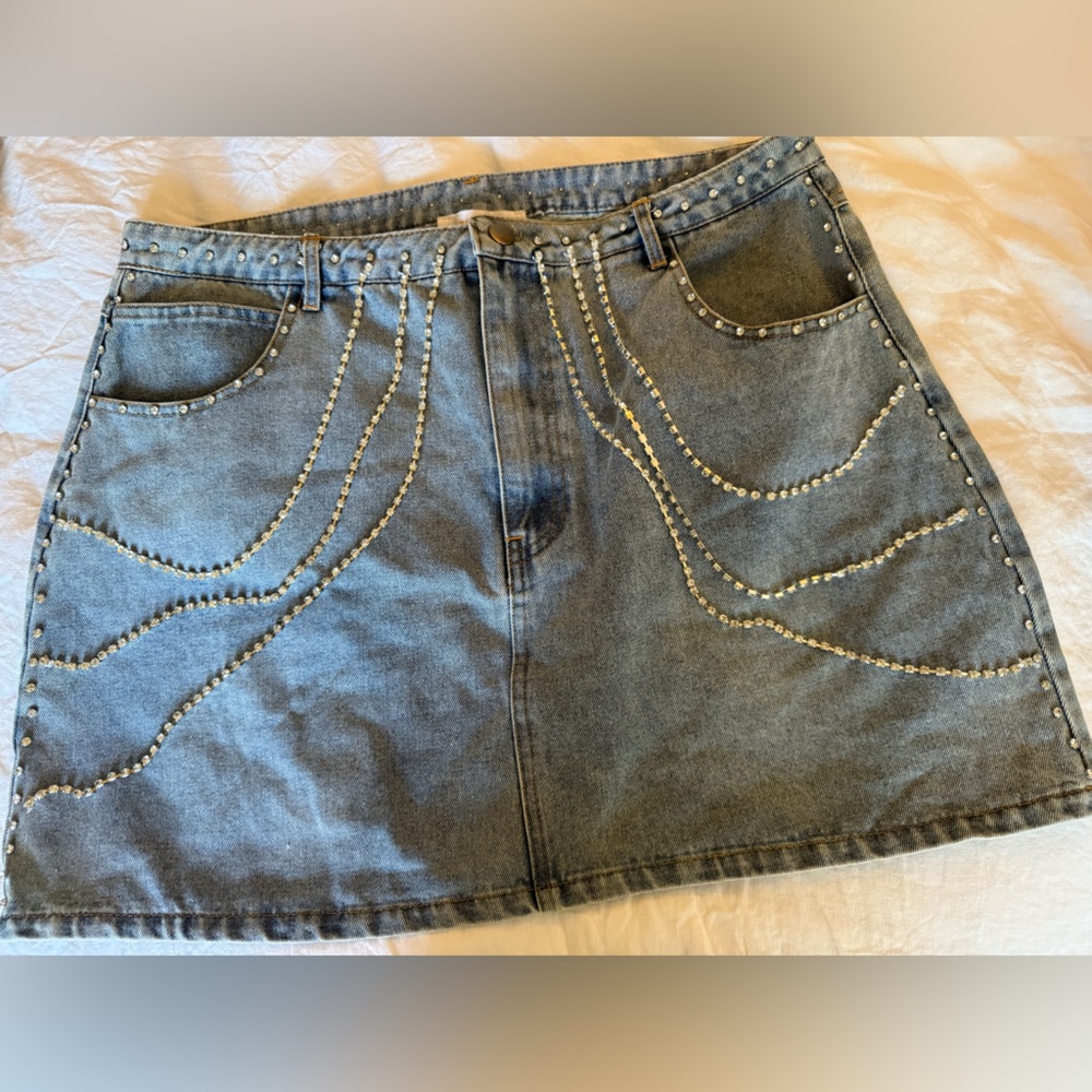 Francesca's Collections Blue Embellished Jean Skirt
